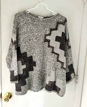 JJill Oversized Geometric Aztec Knit Pullover Sweater 3/4 Sleeve Crew Neck GrayM